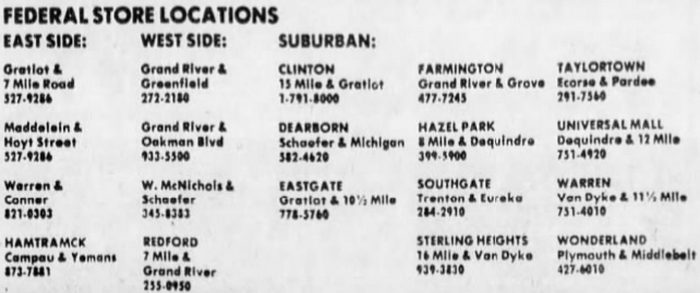 Federals (Federal Department Store) - Dec 23 1977 Store List (newer photo)